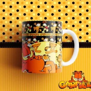 Taza de sublimación con diseño de Garfield tumbado, rodeado de patrones de sí mismo en varias poses. Fondo amarillo con lunares y rayas.