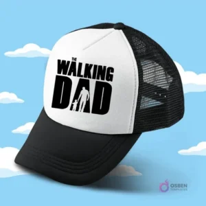 Gorro trucker blanco y negro sublimado con el diseño 'THE WALKING DAD' y silueta de padre e hijo, perfecto para el Día del Padre.