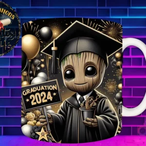 Taza de sublimación con Baby Groot graduado 3D animado celebrando la Clase 2024 con cartel