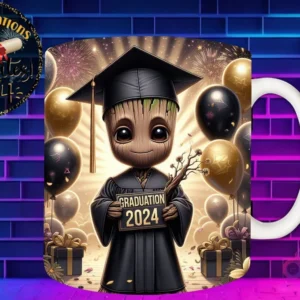 Taza de sublimación con Baby Groot chibi graduado 3D animado celebrando la Clase 2024 con globos