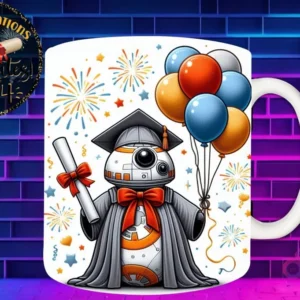 Taza de sublimación con BB-8 graduado 3D animado celebrando la Clase 2024 con diploma y globos