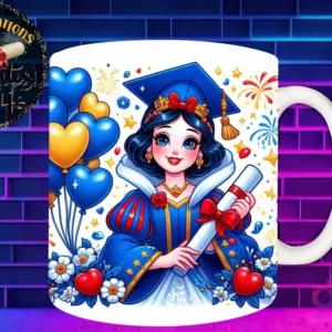 Taza de sublimación con Blancanieves graduada 3D animada celebrando la Clase 2024 con diploma y globos