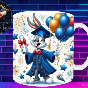 Taza de sublimación con Bugs Bunny graduado 3D animado celebrando la Clase 2024 con diploma y globos