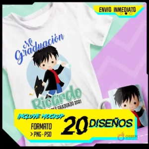 Diseño de sublimación para graduación en polera y taza con personaje masculino de cabello oscuro y gorro, texto 'Mi Graduación Ricardo Felicidades Graduado 2021', incluyendo rótulos de 'ENVIO INMEDIATO', 'INCLUYE MOCKUP', 'FORMATO PNG - PSD', '20 DISEÑOS'.