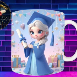 Taza de sublimación con Elsa graduada 3D animada celebrando la Clase 2024 con diploma y regalos