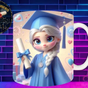 Taza de sublimación con Elsa graduada 3D animada celebrando la Clase 2024 con diploma y regalos en tono pastel