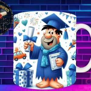 Taza de sublimación con Pedro Picapiedra graduado 3D animado celebrando la Clase 2024 con diploma y regalos