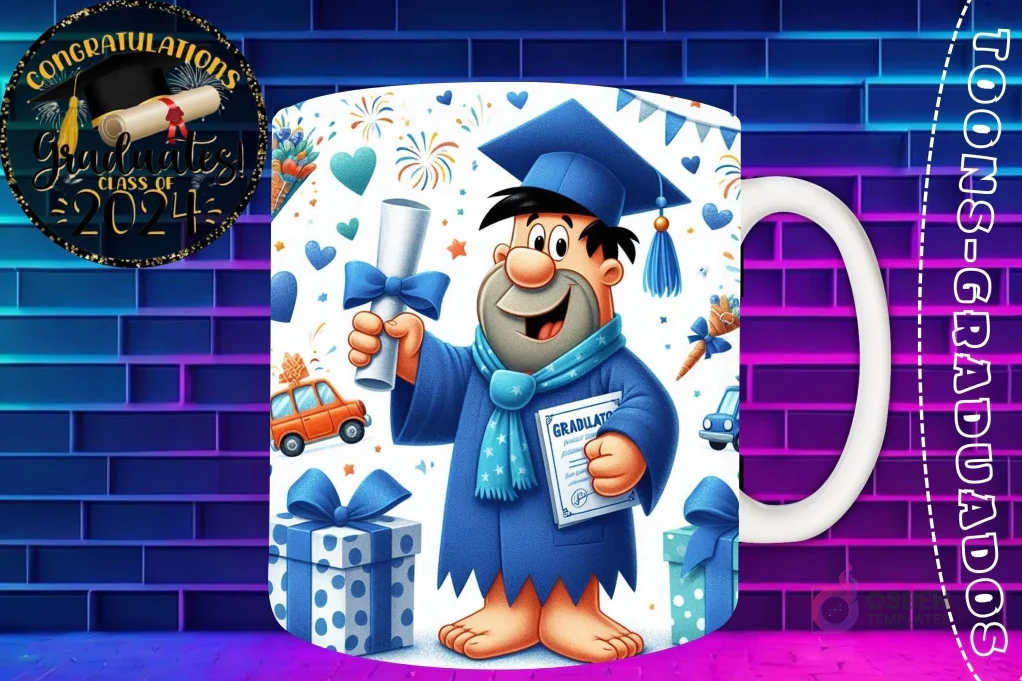 Taza de sublimación con Pedro Picapiedra graduado 3D animado celebrando la Clase 2024 con diploma y regalos Taza de sublimación con Pedro Picapiedra graduado 3D animado celebrando la Clase 2024 con diploma y regalos