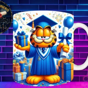 Taza de sublimación con Garfield graduado 3D animado celebrando la Clase 2024 con diploma y regalos