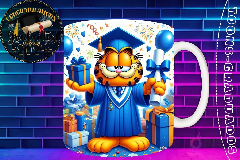 Taza de sublimación con Garfield graduado 3D animado celebrando la Clase 2024 con diploma y regalos Taza de sublimación con Garfield graduado 3D animado celebrando la Clase 2024 con diploma y regalos
