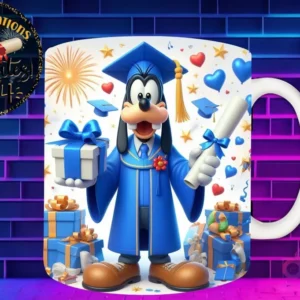 Taza de sublimación con Goofy graduado 3D animado celebrando la Clase 2024 con diploma y regalo