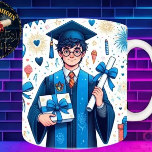 Taza de sublimación con Harry Potter graduado 3D animado celebrando la Clase 2024 con diploma y regalo