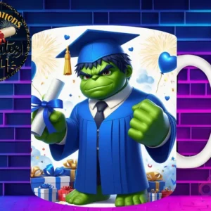 Taza de sublimación con Hulk graduado 3D animado celebrando la Clase 2024 con diploma y regalos