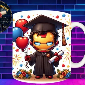 Taza de sublimación con Iron Man chibi graduado 3D animado celebrando la Clase 2024 con globos