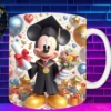 Taza de sublimación con Mickey Mouse graduado 3D animado celebrando la Clase 2024 con globos y regalos