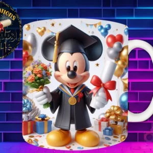 Taza de sublimación con Mickey Mouse graduado 3D animado clásico celebrando la Clase 2024 con flores