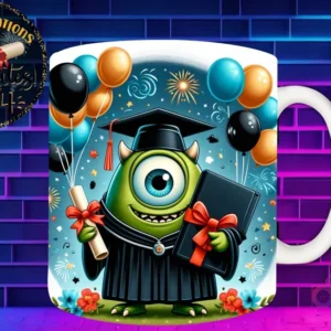 Taza de sublimación con Mike Wazowski graduado 3D animado celebrando la Clase 2024 con diploma y libro