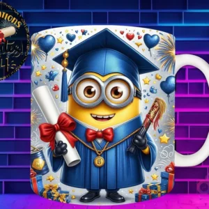 Taza de sublimación con Minion graduado 3D animado celebrando la Clase 2024 con diploma y birrete