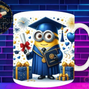 Taza de sublimación con Minion graduado 3D animado celebrando la Clase 2024 con diploma y libro