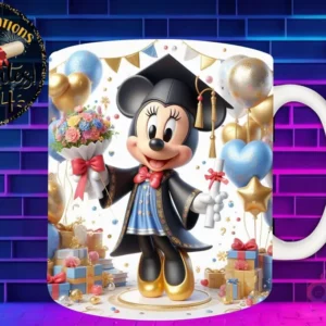 Taza de sublimación con Minnie Mouse graduada 3D animada celebrando la Clase 2024 con diploma y flores