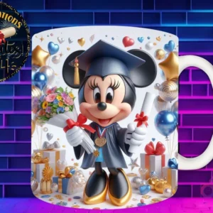 Taza de sublimación con Minnie Mouse graduada 3D animada clásica celebrando la Clase 2024 con flores