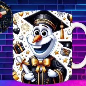 Taza de sublimación con Olaf graduado 3D animado celebrando la Clase 2024 con diploma y birrete