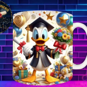 Taza de sublimación con Pato Donald graduado 3D animado clásico celebrando la Clase 2024 con flores