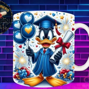 Taza de sublimación con Pato Lucas graduado 3D animado celebrando la Clase 2024 con diploma y globos