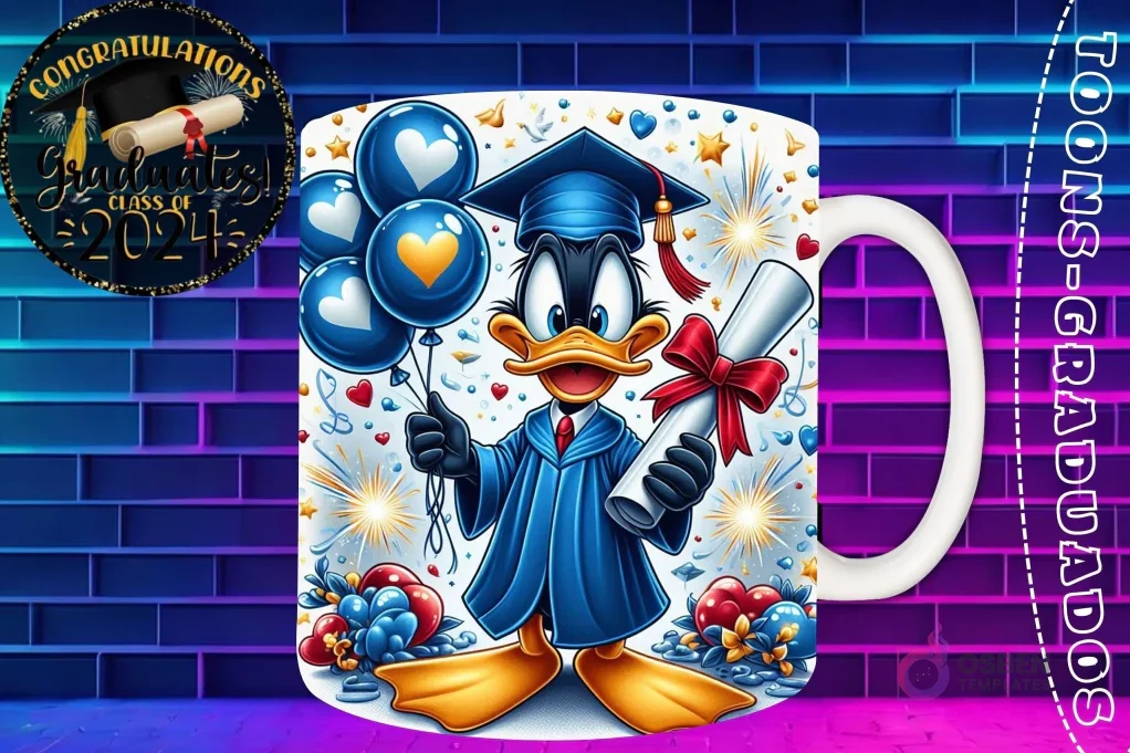 Taza de sublimación con Pato Lucas graduado 3D animado celebrando la Clase 2024 con diploma y globos Taza de sublimación con Pato Lucas graduado 3D animado celebrando la Clase 2024 con diploma y globos