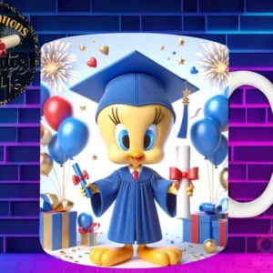 Taza de sublimación con Piolín graduado 3D animado celebrando la Clase 2024 con diploma y globos