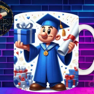Taza de sublimación con Popeye graduado 3D animado celebrando la Clase 2024 con diploma y regalo