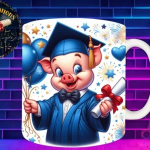 Taza de sublimación con Porky Pig graduado 3D animado celebrando la Clase 2024 con diploma y globos