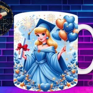 Taza de sublimación con Princesa Aurora graduada 3D animada celebrando la Clase 2024 con diploma y globos