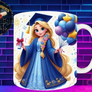 Taza de sublimación con Princesa Rapunzel graduada 3D animada celebrando la Clase 2024 con diploma y globos