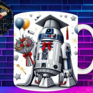 Taza de sublimación con R2-D2 graduado 3D animado celebrando la Clase 2024 con flores y fuegos artificiales