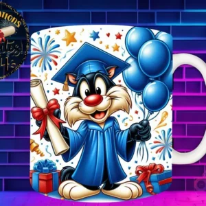 Taza de sublimación con Silvestre graduado 3D animado celebrando la Clase 2024 con diploma y globos