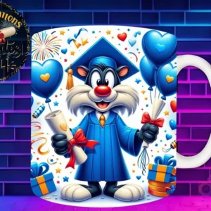 Taza de sublimación con Silvestre graduado 3D animado celebrando la Clase 2024 con dos diplomas y globos