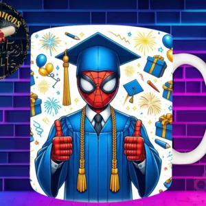 Taza de sublimación con Spider-Man graduado 3D animado celebrando la Clase 2024 con pulgares arriba