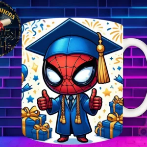 Taza de sublimación con Spider-Man chibi graduado 3D animado celebrando la Clase 2024 con pulgares arriba