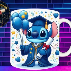Taza de sublimación con Stitch graduado 3D animado celebrando la Clase 2024 con diploma y globos