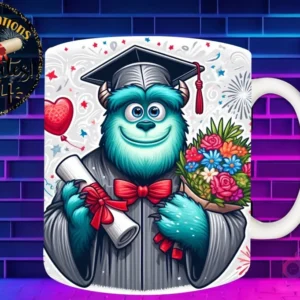 Taza de sublimación con Sulley graduado 3D animado celebrando la Clase 2024 con diploma y flores