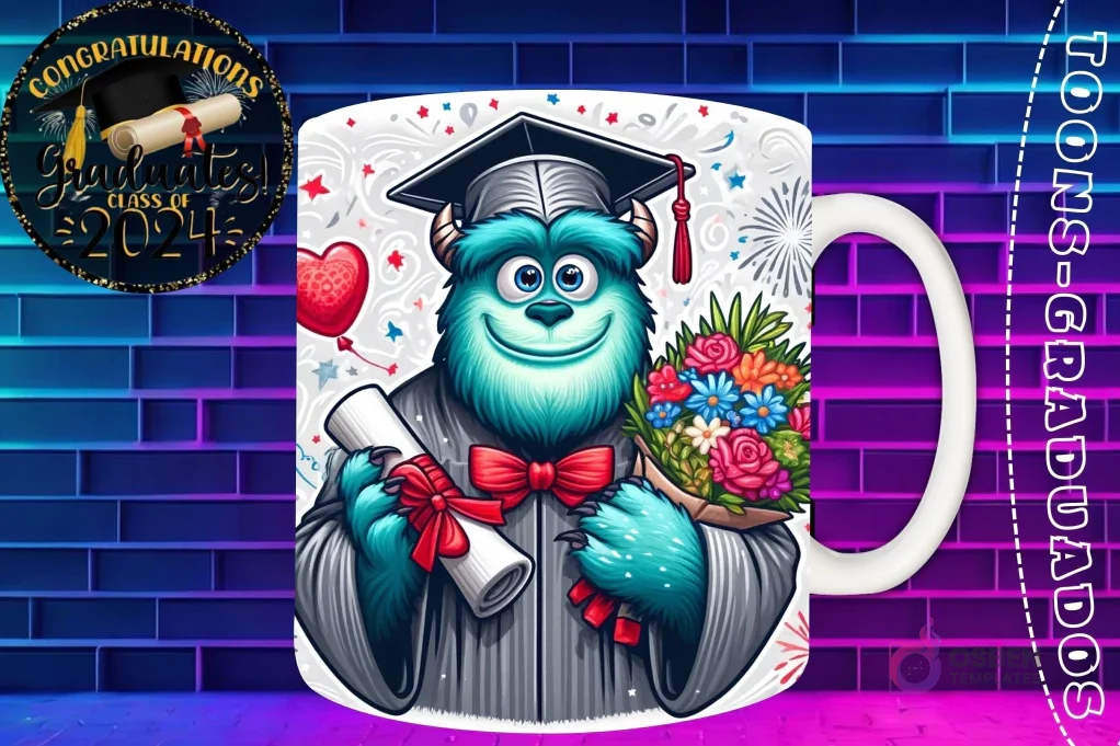 Taza de sublimación con Sulley graduado 3D animado celebrando la Clase 2024 con diploma y flores Taza de sublimación con Sulley graduado 3D animado celebrando la Clase 2024 con diploma y flores