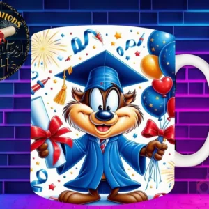 Taza de sublimación con Demonio de Tasmania graduado 3D animado celebrando la Clase 2024 con diploma y globos