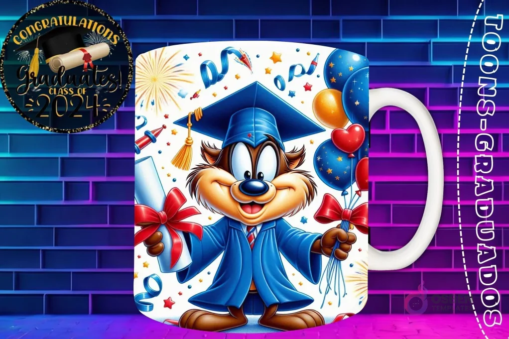Taza de sublimación con Demonio de Tasmania graduado 3D animado celebrando la Clase 2024 con diploma y globos Taza de sublimación con Demonio de Tasmania graduado 3D animado celebrando la Clase 2024 con diploma y globos