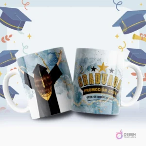 Dos tazas blancas sublimadas con diseños de graduación 'Promoción 2024'. Una taza muestra la silueta de una graduada y la otra el texto 'Graduada' en dorado sobre fondo azul y dorado con brillos.