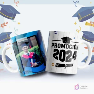 Dos tazas blancas con diseños de graduación. Una taza con la foto de un graduado masculino y la otra con 'Promoción 2024' y un diploma enrollado, en tonos azules.