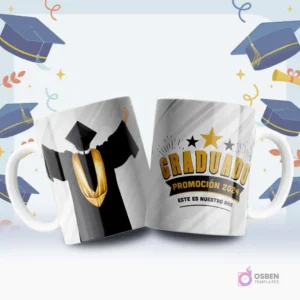 Par de tazas blancas sublimadas con diseños de graduación. Una taza muestra la silueta de un graduado con estola dorada y la otra 'Graduado Promoción 2024' con estrellas.