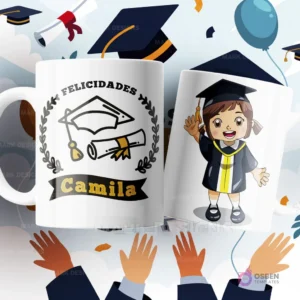 Dos tazas de sublimación blancas con diseños de graduación: una con birrete, diploma, y la frase 'Felicidades Camila', y la otra con una niña graduada de caricatura saludando, sobre un fondo festivo con birretes y globos.