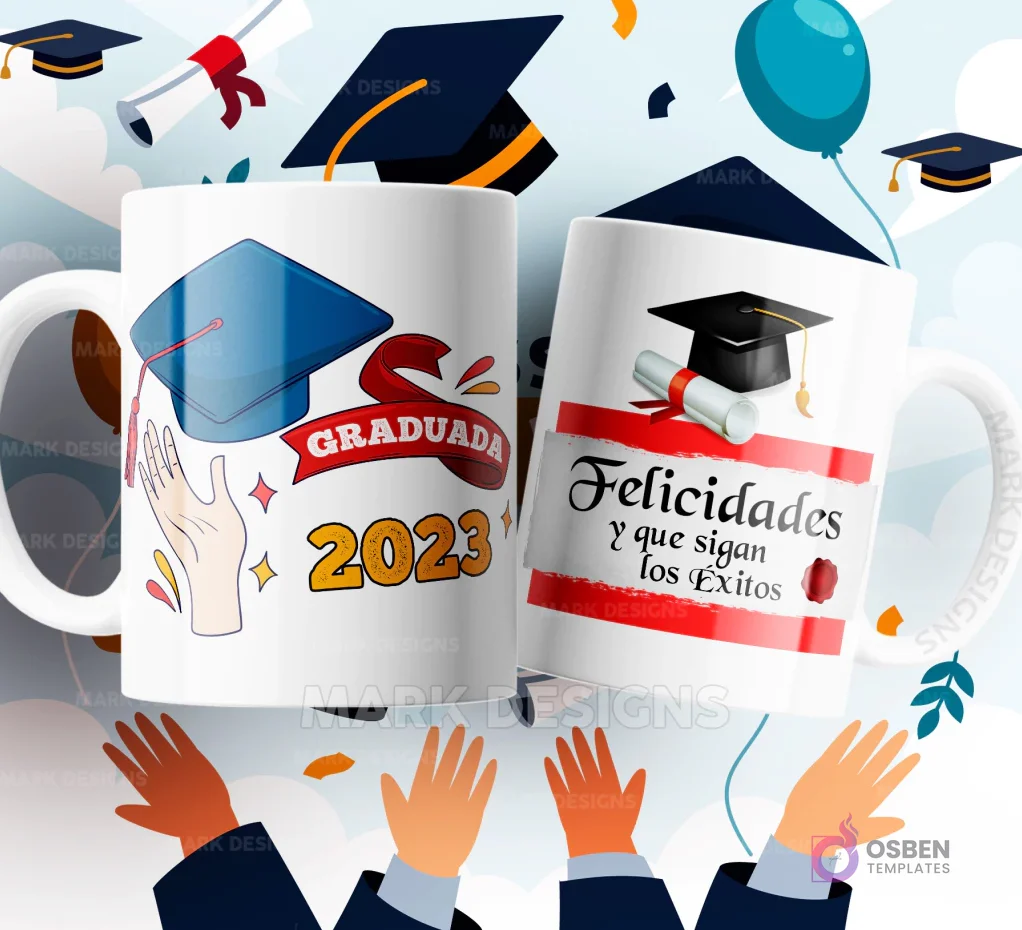 Dos tazas de sublimación blancas con diseños de graduación: una con un birrete azul y 'Graduada 2023', y la otra con birrete, diploma, y la frase 'Felicidades y que sigan los Éxitos', sobre un fondo festivo. Dos tazas de sublimación blancas con diseños de graduación: una con un birrete azul y 'Graduada 2023', y la otra con birrete, diploma, y la frase 'Felicidades y que sigan los Éxitos', sobre un fondo festivo.