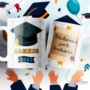 Dos tazas de sublimación blancas con diseños de graduación: una con un birrete y 'Alexis 2023' sobre un patrón sutil de símbolos académicos, y la otra con un pergamino y 'Felicitaciones por tu Graduación', sobre un fondo festivo.